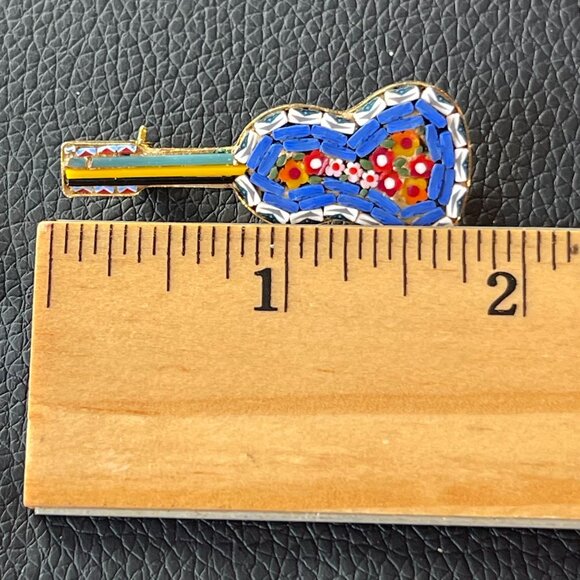 Vintage Italian Micro Mosaic Guitar Brooch Pin Gold Tone 1.75 in Signed Italy - Picture 5 of 8